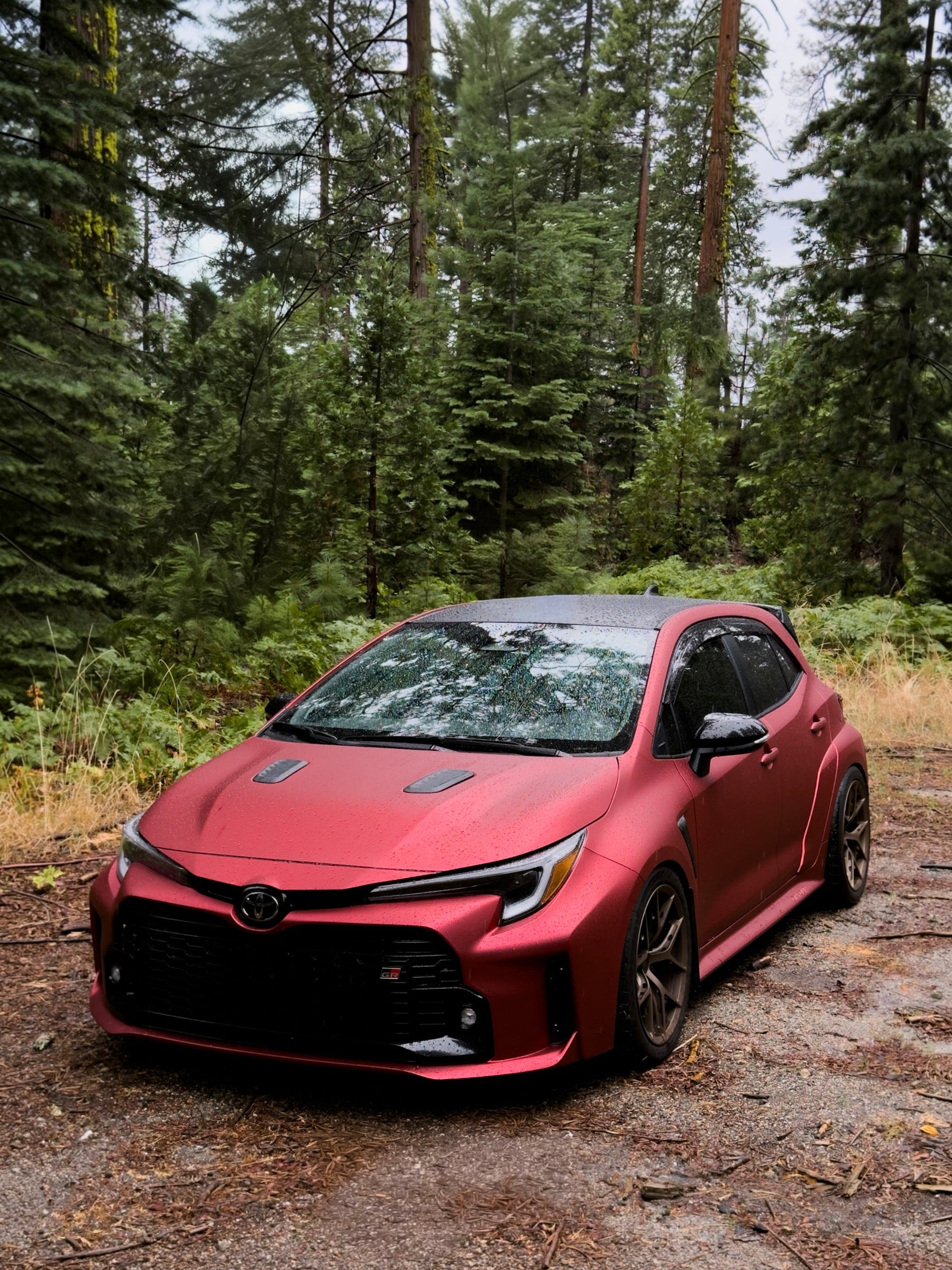 Matte red GR Corolla with carbon CE hood vents, parked on a forest trail